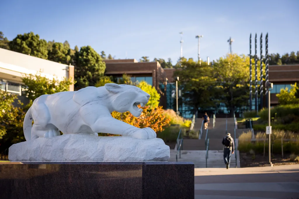 The cougar in front of the Engineering Building. 