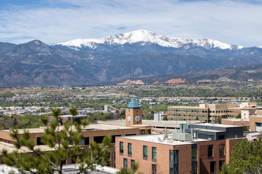 View of Campus Buildings with Pikes Peak and Garden of the Gods in the Background